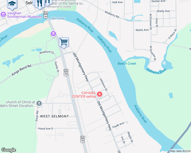map of restaurants, bars, coffee shops, grocery stores, and more near 206 Camellia Avenue in Selma