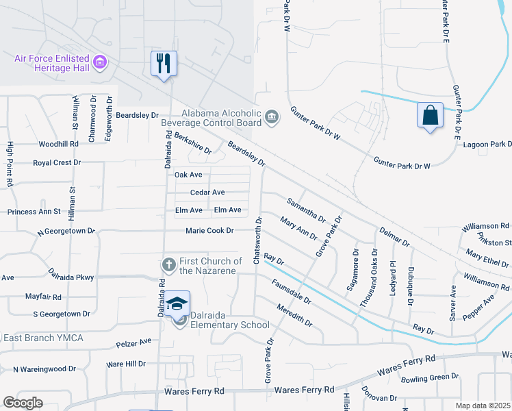 map of restaurants, bars, coffee shops, grocery stores, and more near 657 Chatsworth Drive in Montgomery