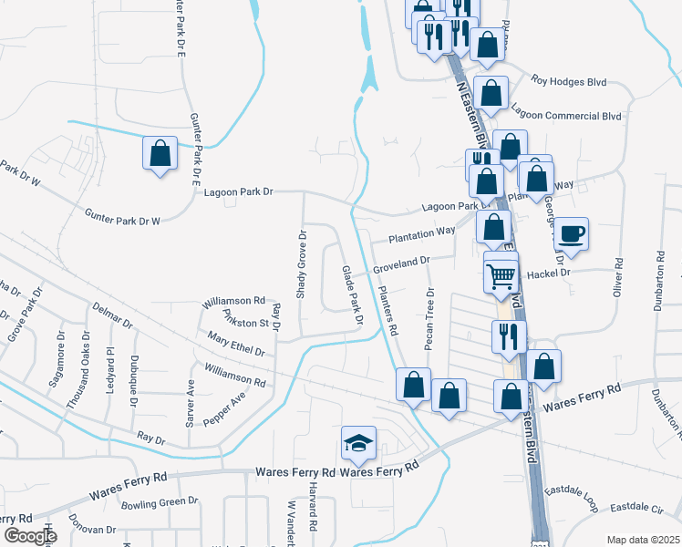 map of restaurants, bars, coffee shops, grocery stores, and more near 601 Glade Park Drive in Montgomery