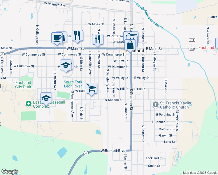 map of restaurants, bars, coffee shops, grocery stores, and more near 516 South Daugherty Avenue in Eastland