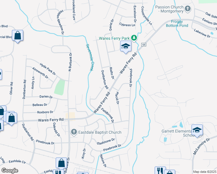 map of restaurants, bars, coffee shops, grocery stores, and more near 1444 Dunbarton Road in Montgomery