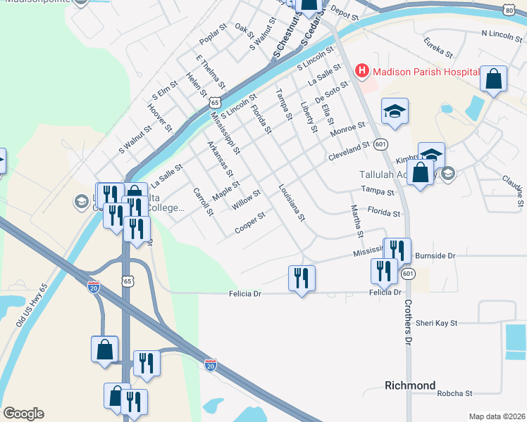 map of restaurants, bars, coffee shops, grocery stores, and more near 104 Cooper Street in Tallulah