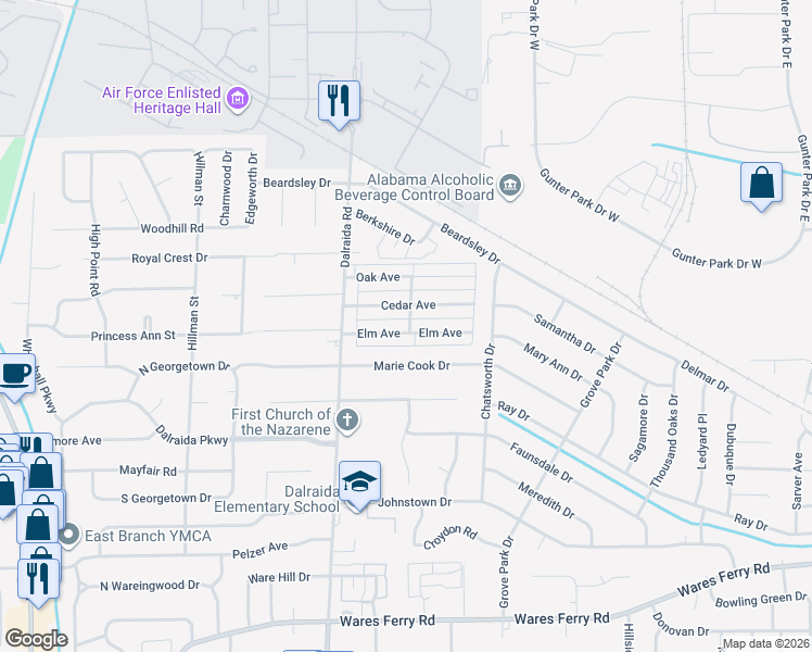 map of restaurants, bars, coffee shops, grocery stores, and more near 701 Orchard Avenue in Montgomery