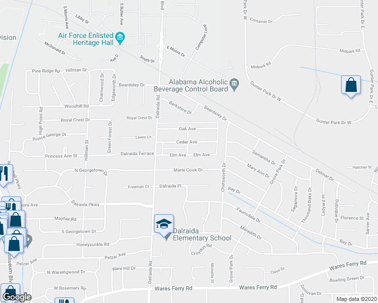 map of restaurants, bars, coffee shops, grocery stores, and more near 3901 Elm Avenue in Montgomery