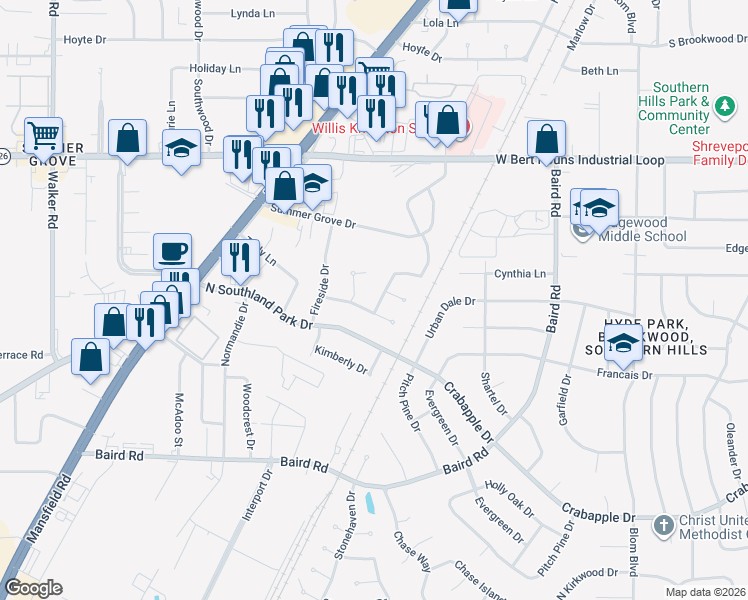 map of restaurants, bars, coffee shops, grocery stores, and more near 9354 Savanna Drive in Shreveport