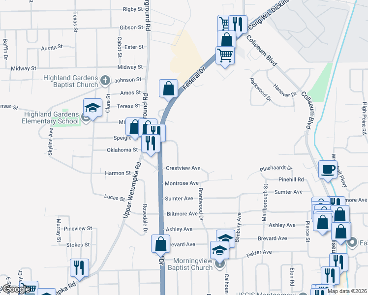 map of restaurants, bars, coffee shops, grocery stores, and more near 2737 Sweetbriar Road in Montgomery