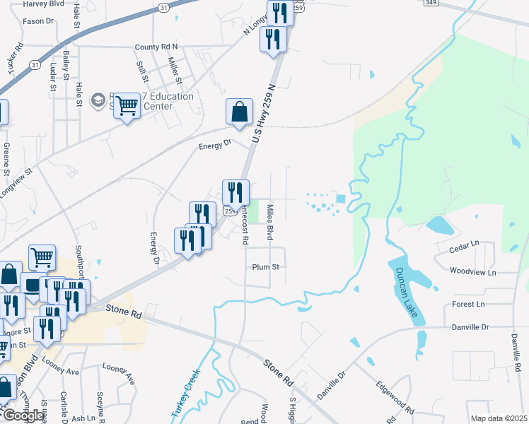 map of restaurants, bars, coffee shops, grocery stores, and more near 1704 Pentecost Road in Kilgore
