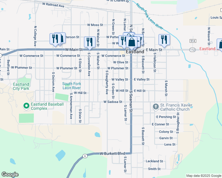 map of restaurants, bars, coffee shops, grocery stores, and more near 516 South Daugherty Avenue in Eastland