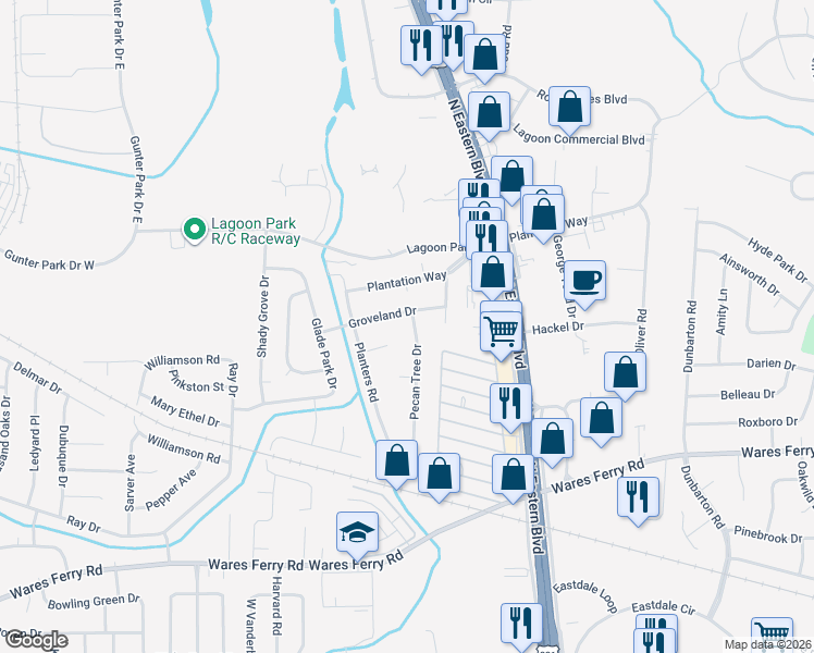 map of restaurants, bars, coffee shops, grocery stores, and more near 499 Pecan Tree Drive in Montgomery