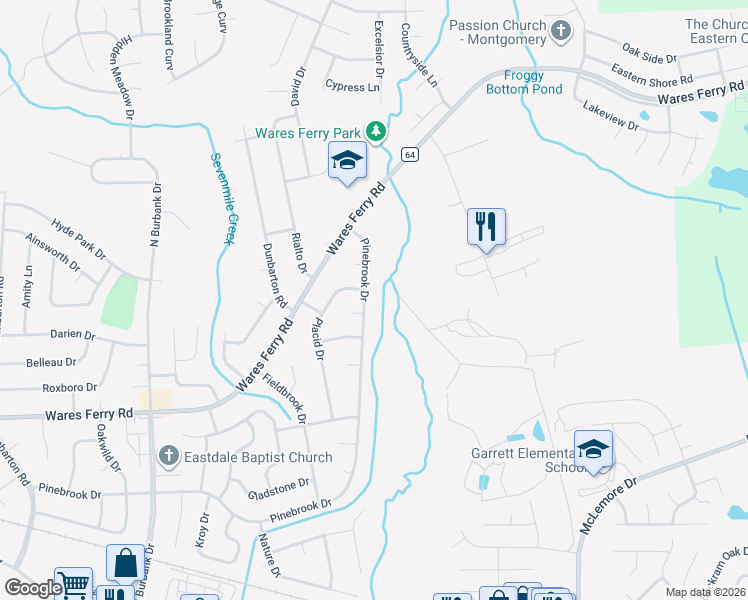 map of restaurants, bars, coffee shops, grocery stores, and more near 6534 Pinebrook Dr in Montgomery