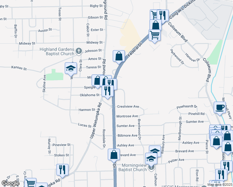 map of restaurants, bars, coffee shops, grocery stores, and more near 2700 Sweetbriar Road in Montgomery