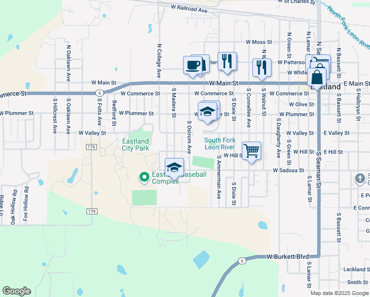 map of restaurants, bars, coffee shops, grocery stores, and more near 1101 West Hill Street in Eastland
