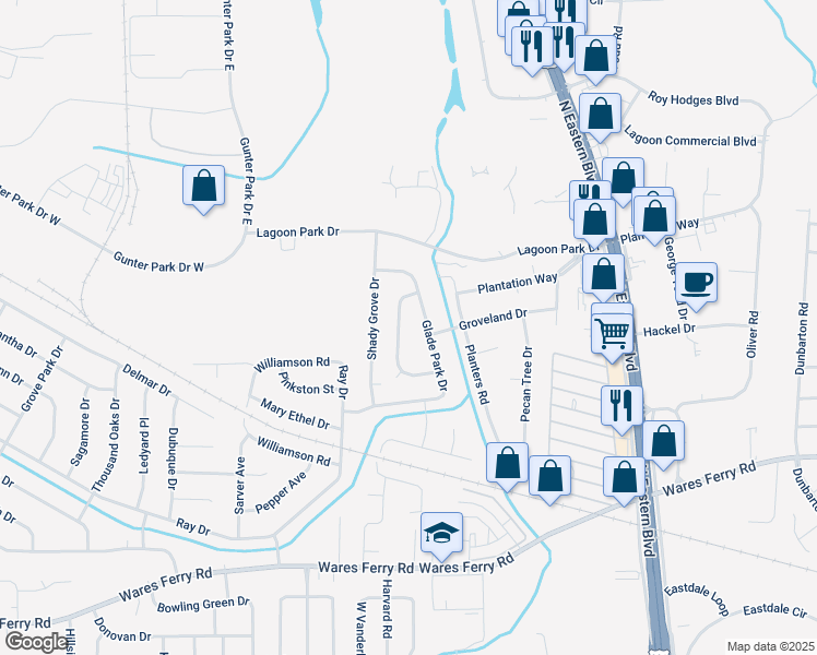 map of restaurants, bars, coffee shops, grocery stores, and more near 601 Glade Park Drive in Montgomery