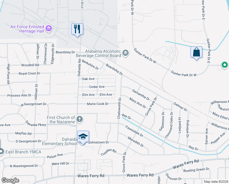 map of restaurants, bars, coffee shops, grocery stores, and more near 657-661 Chatsworth Drive in Montgomery