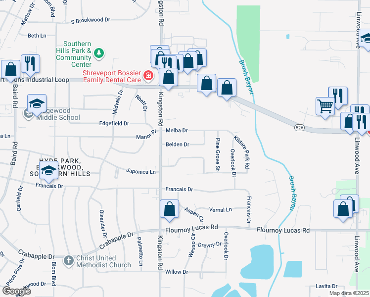 map of restaurants, bars, coffee shops, grocery stores, and more near 871 Belden Drive in Shreveport