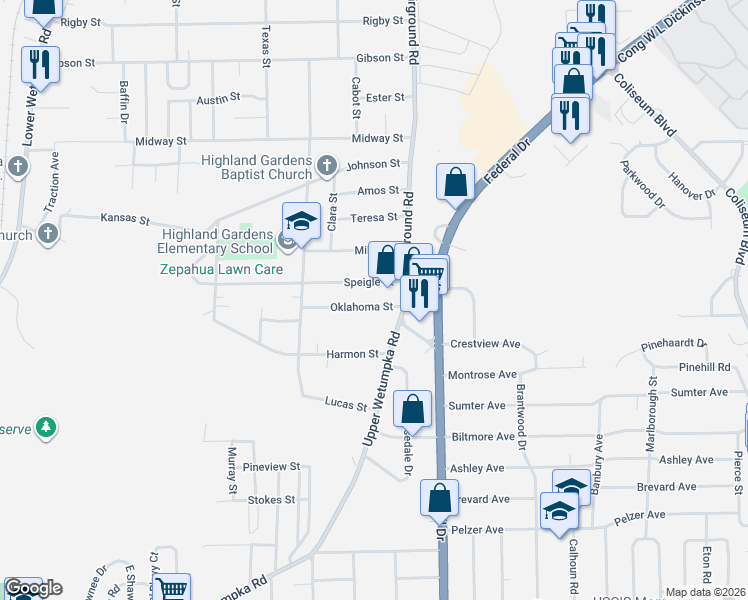 map of restaurants, bars, coffee shops, grocery stores, and more near 2069 Oklahoma Street in Montgomery