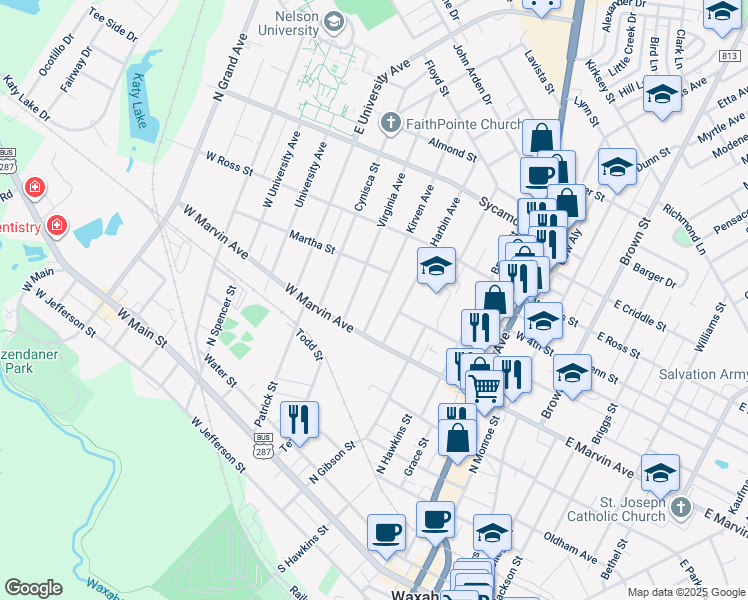 map of restaurants, bars, coffee shops, grocery stores, and more near 109 Kirven Avenue in Waxahachie