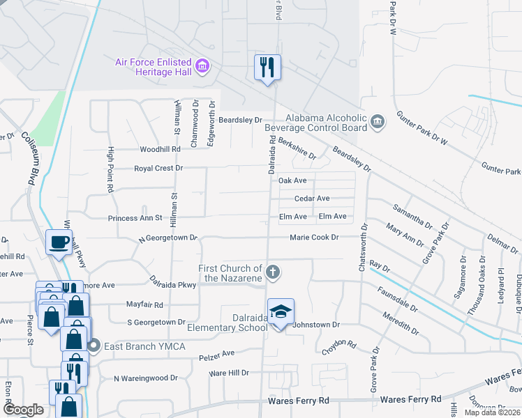 map of restaurants, bars, coffee shops, grocery stores, and more near 3753 Dalraida Terrace in Montgomery