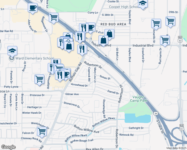 map of restaurants, bars, coffee shops, grocery stores, and more near 4402 Mary Lou Ln in Abilene