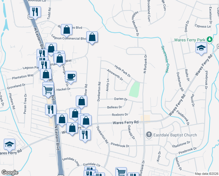 map of restaurants, bars, coffee shops, grocery stores, and more near 724 Amity Lane in Montgomery