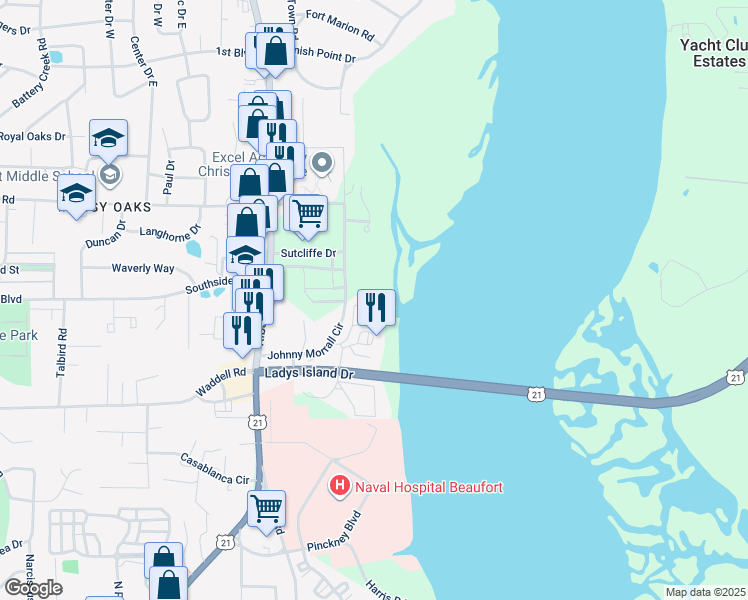 map of restaurants, bars, coffee shops, grocery stores, and more near 51 Shipwright Circle in Port Royal