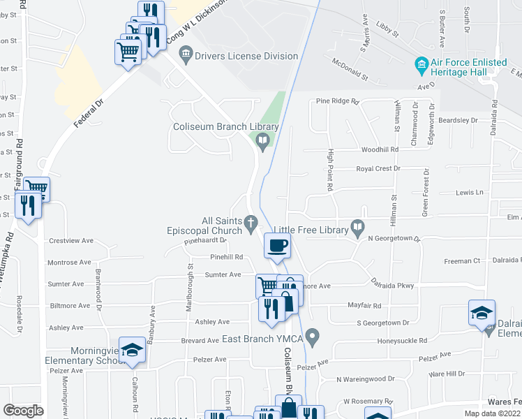 map of restaurants, bars, coffee shops, grocery stores, and more near 700 Coliseum Boulevard in Montgomery