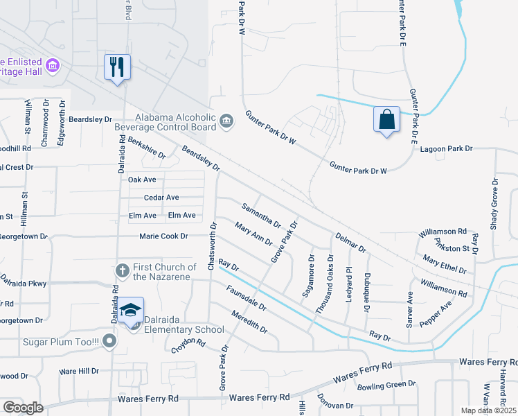 map of restaurants, bars, coffee shops, grocery stores, and more near 4001 Samantha Drive in Montgomery