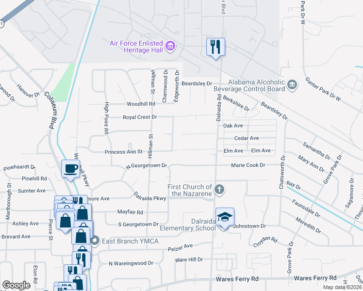 map of restaurants, bars, coffee shops, grocery stores, and more near 3705 Dalraida Terrace in Montgomery