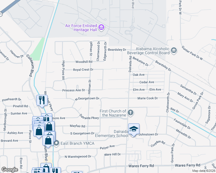 map of restaurants, bars, coffee shops, grocery stores, and more near 3705 Dalraida Terrace in Montgomery