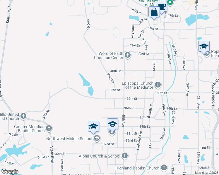 map of restaurants, bars, coffee shops, grocery stores, and more near 4216 38th Street in Meridian