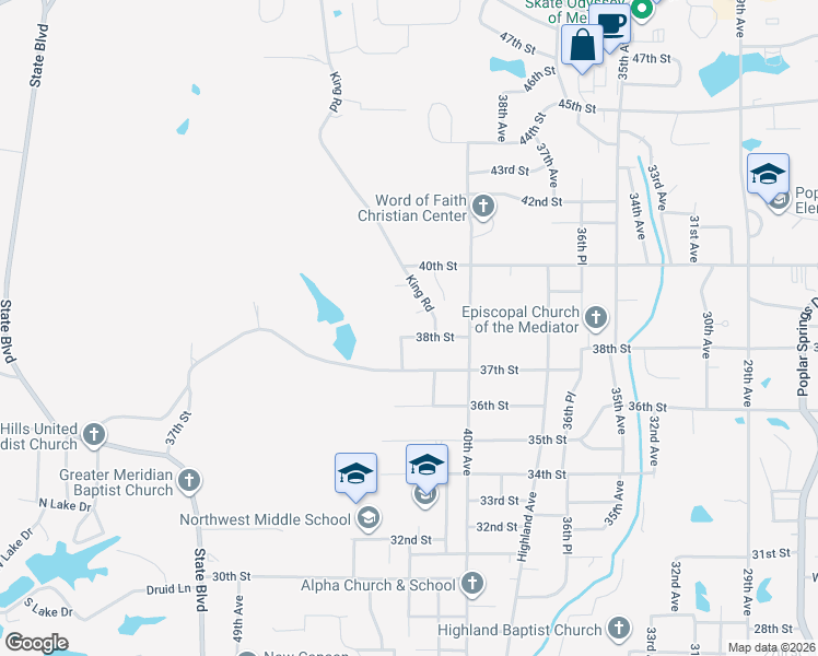 map of restaurants, bars, coffee shops, grocery stores, and more near 4216 38th Street in Meridian
