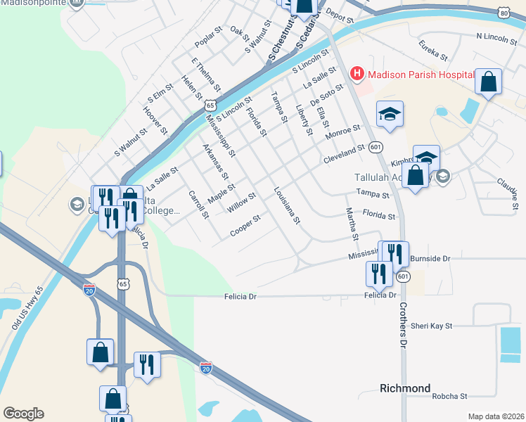 map of restaurants, bars, coffee shops, grocery stores, and more near 104 Cooper Street in Tallulah