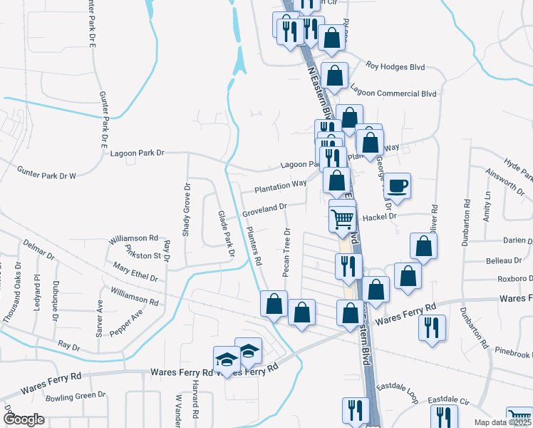 map of restaurants, bars, coffee shops, grocery stores, and more near 624 Groveland Drive in Montgomery