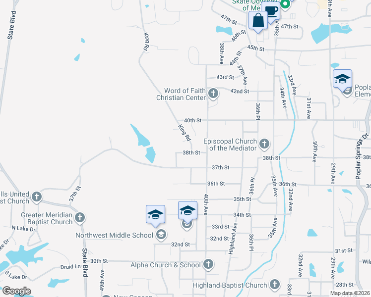 map of restaurants, bars, coffee shops, grocery stores, and more near 4216 38th Street in Meridian