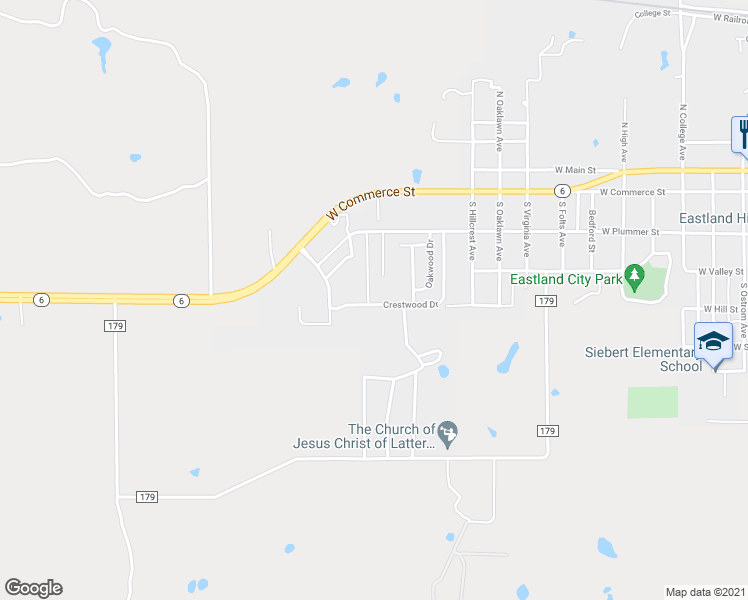 map of restaurants, bars, coffee shops, grocery stores, and more near 527 Crestwood Drive in Eastland