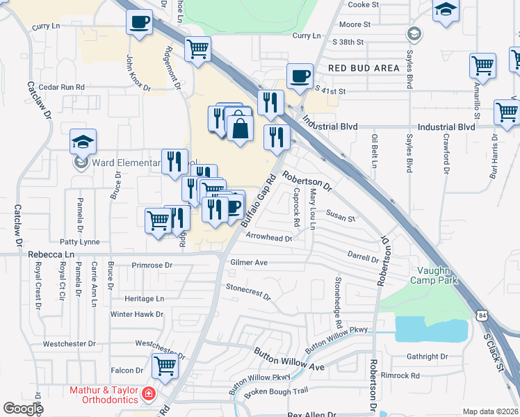 map of restaurants, bars, coffee shops, grocery stores, and more near 4409 Flintrock Drive in Abilene