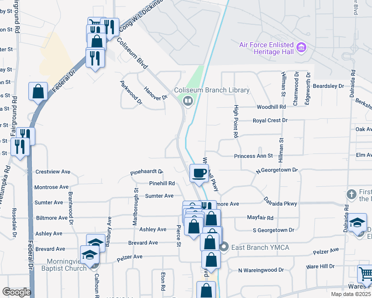 map of restaurants, bars, coffee shops, grocery stores, and more near 700 Coliseum Boulevard in Montgomery