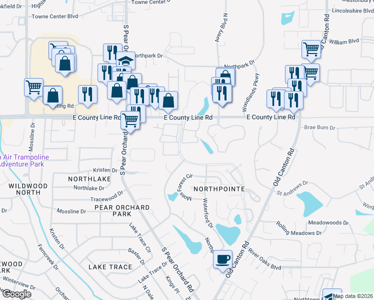 map of restaurants, bars, coffee shops, grocery stores, and more near 500 Northpointe Parkway in Jackson