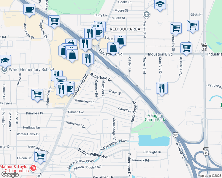map of restaurants, bars, coffee shops, grocery stores, and more near 2718 Susan Street in Abilene