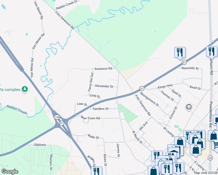 map of restaurants, bars, coffee shops, grocery stores, and more near 405 Alexander St in Kilgore