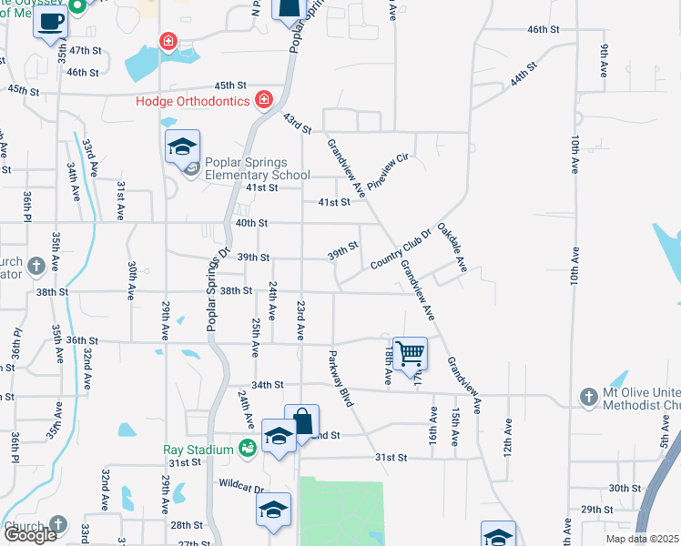 map of restaurants, bars, coffee shops, grocery stores, and more near 2020 Country Club Drive in Meridian