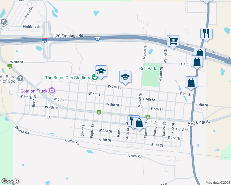 map of restaurants, bars, coffee shops, grocery stores, and more near 617 Vine Street in Baird