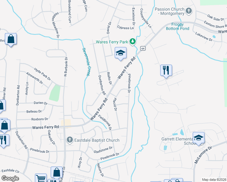 map of restaurants, bars, coffee shops, grocery stores, and more near 6304 Wares Ferry Road in Montgomery