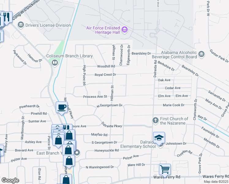 map of restaurants, bars, coffee shops, grocery stores, and more near 906 Hillman Street in Montgomery