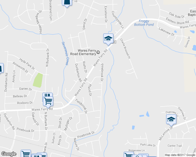 map of restaurants, bars, coffee shops, grocery stores, and more near 732 Placid Drive in Montgomery
