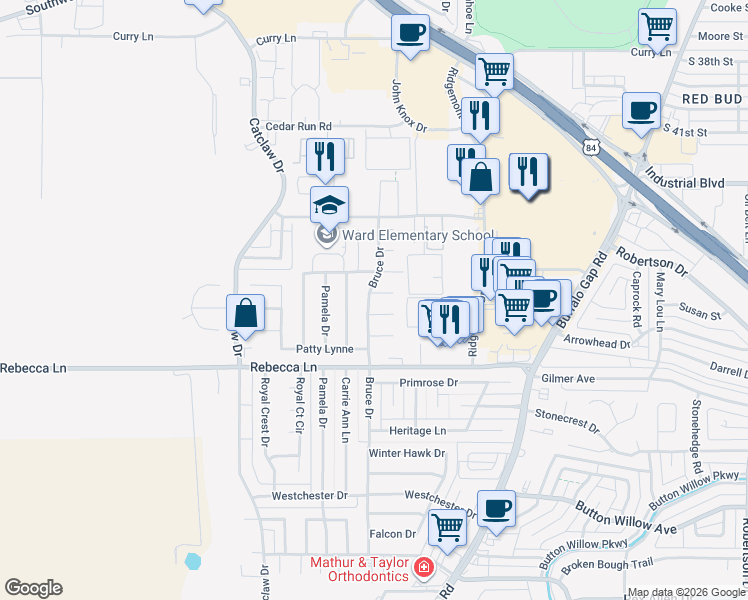 map of restaurants, bars, coffee shops, grocery stores, and more near 3549 Carnation Court in Abilene
