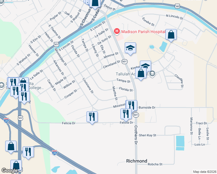 map of restaurants, bars, coffee shops, grocery stores, and more near 1319-1328 Florida St in Tallulah