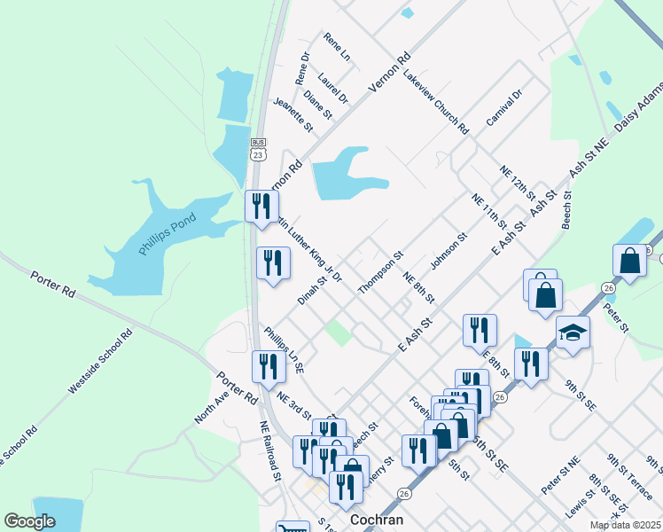 map of restaurants, bars, coffee shops, grocery stores, and more near 154 Martin Luther King Junior Drive in Cochran