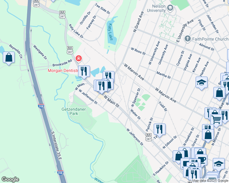 map of restaurants, bars, coffee shops, grocery stores, and more near 205 North Central Avenue in Waxahachie