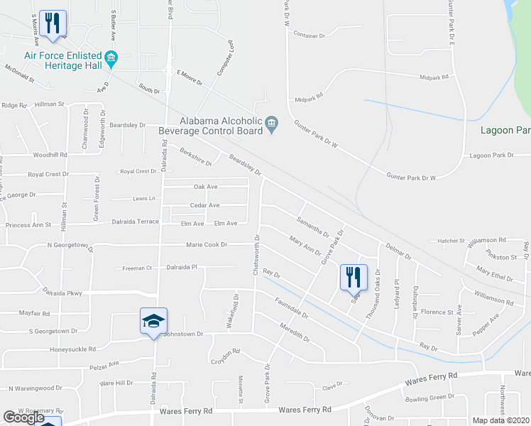 map of restaurants, bars, coffee shops, grocery stores, and more near 660 Chatsworth Drive in Montgomery